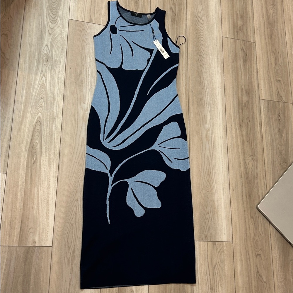Tamara Sweater Dress fine knit exploded flower Blue Floral Dress Sz XS w stretch - Picture 11 of 11